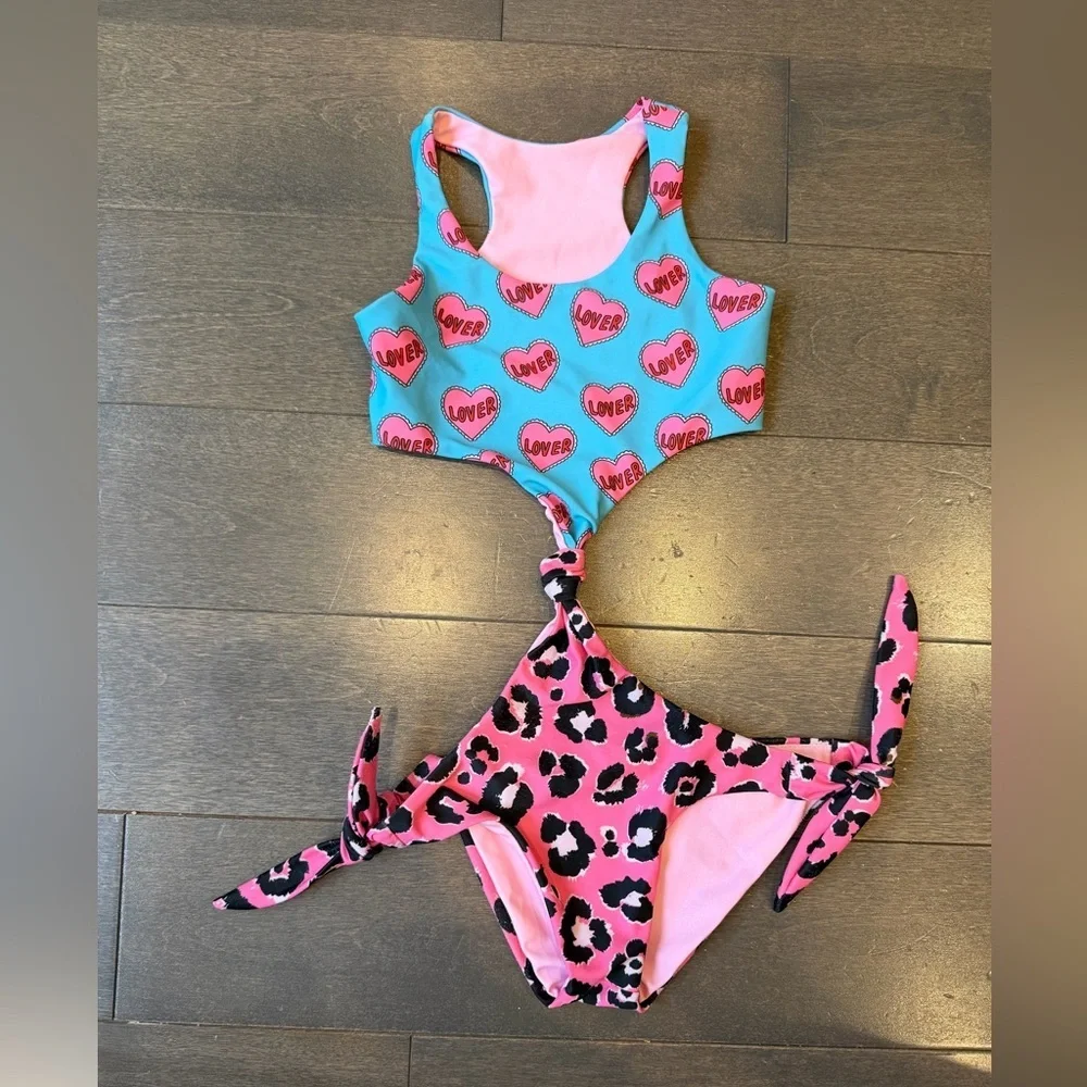 Designer Pink & Turquoise Heart Leopard Cutout Swimsuit